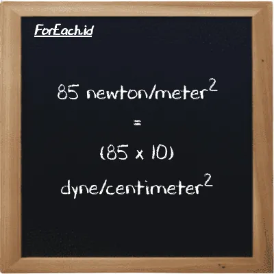 Cara konversi newton/meter<sup>2</sup> ke dyne/centimeter<sup>2</sup> (N/m<sup>2</sup> ke dyn/cm<sup>2</sup>): 85 newton/meter<sup>2</sup> (N/m<sup>2</sup>) setara dengan 85 dikalikan dengan 10 dyne/centimeter<sup>2</sup> (dyn/cm<sup>2</sup>)